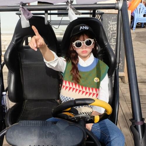 Womens waistcoat loose color stitching sleeveless pullover sweater knitted vest round neck college style