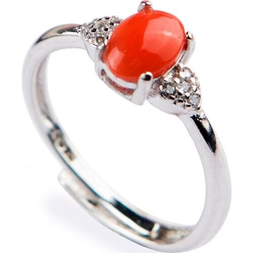 Genuine Natural Red Coral Gems Stone Bead Women Lady Adjustable Size Fashion Ring 7*5mm
