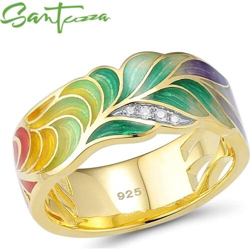 SANTUZZA Silver Ring For Women 925 Sterling Silver Fashion Rings Gold Color Cubic Zirconia Ringen Party Jewelry Enamel Handmade