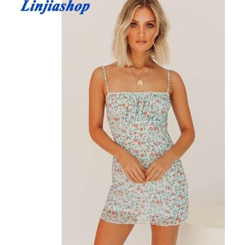 Elegant floral print mini dress women vintage spaghetti straps lining short beach dress chic femme vestidos