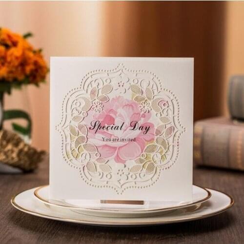 50pcs White Square Laser Cut Wedding Invitations Cards With Hollow Flora Engagement Invitation Anniversary party CX013