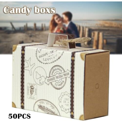 50pcs Mini Suitcase Shape Candy Box Vintage Kraft Paper with Tag and Burlap Twine for Wedding Travel Themed Party Decor JA55