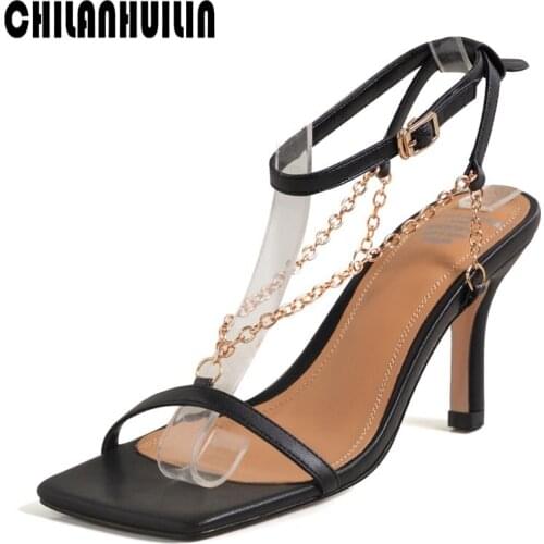 Brand design chains summer party dress shoes women sexy sandals high heels lady wedding shoes open toe ankle strap leather pumps