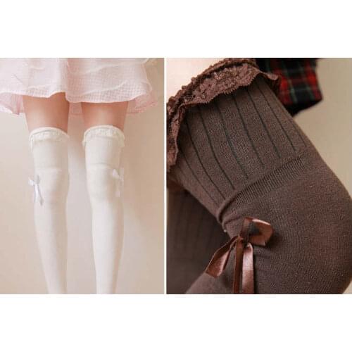 Princess sweet lolita stockings Ribbon lace decoration bow side over-the-knee HARAJUKU warm thigh spank white and brown CTW5-1