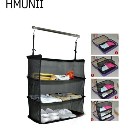 HMUNII 3 Layers Portable Travel Storage Mesh Bag Hook Hanging Organizer Wardrobe Clothes Storage Rack Holder Travel accessories