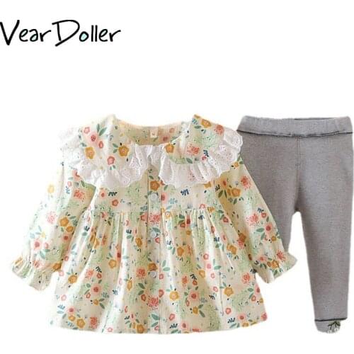 VearDoller Girls Clothing Sets Long Sleeve Floral Dress + Leggings Two-pieces Suits Spring Autumn Lace O-Neck Childrens Sets