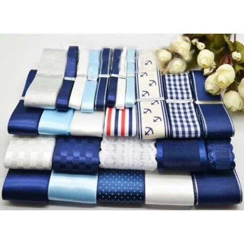 YY DIY Beautiful 28 Meters Navy Blue Printed Grosgrain Ribbons, DIY Tape Ribbon Mixed Organza Satin Grosgrain Ribbon Set
