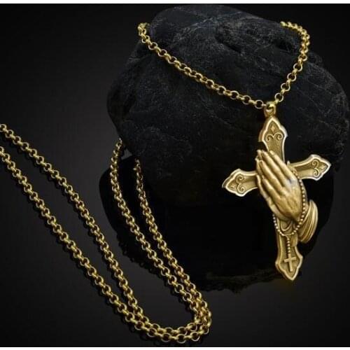 Kristi Tina Vintage silver colour Gold colour Metal Cross Pendant Necklace for Men Women Classic Hands Together Prayer Necklace