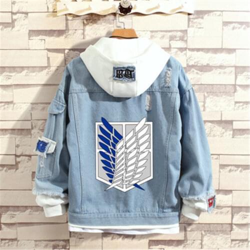 Attack on Titan Anime Cosplay Jeans Jacket Scout Regiment Cosplay Denim Jacket Warm Hooded Sweatshirt Outwear Coat