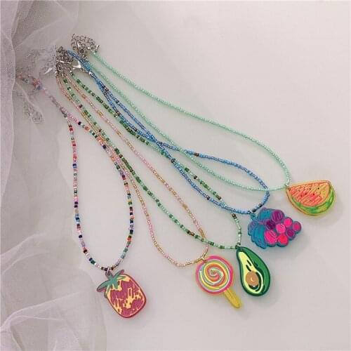 Summer Beaded Necklace Fruit Series Necklace Red Apple Candy Pendant Purple Grape Plastic Pendant Gift for Friends
