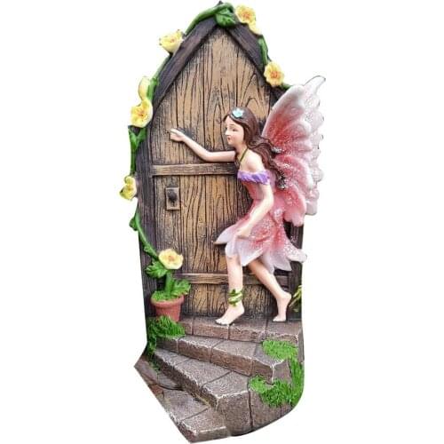 Miniature Door Statue Decor Resin Flower Fairy Knocking On The Door Resin Garden Ornament Home Decoration Craft