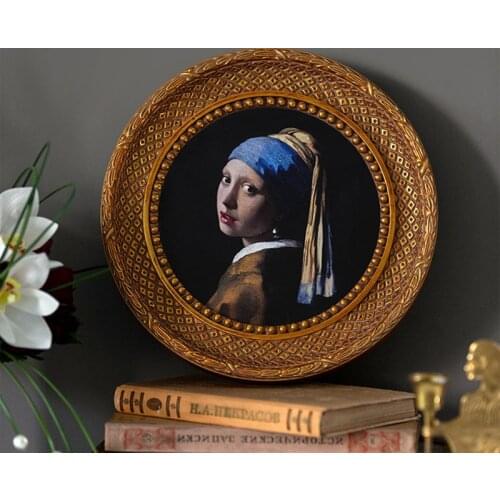 French Style Old Wall-mounted Resin Photo Frame, Round Retro Mirror Embossed Imitation Wood Golden European Oil Painting Fram