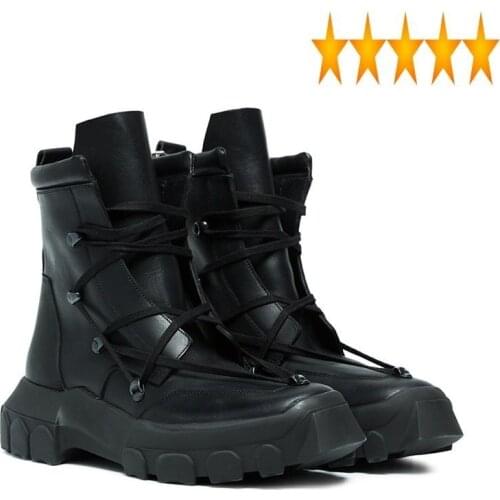 Strap Cross Street Mens Thick Antiskid Platform Gothic Real Leather High Top Tactical Safety Shoes Heels Ankle Boots
