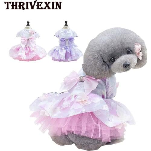 Dog Clothing Small Dog clothes Solid Puppy Dress Pink Purple Bow Dresses Spring/Summer Flower Fairy Dress Pet Skirt Dog Dress