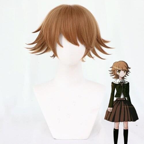 Game Danganronpa Fujisaki Chihiro Wig Cosplay Costume Brown Short Heat Resistant Hair+Free Wig Cap