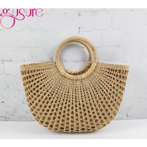 Gusure Simple Hollow Designer Straw Handbag Handmade Woven Basket Totes Women Beach Round Bucket Bag Summer Bohemian Bolsa Sac