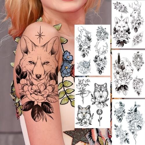 Wolf Deer Flower Temporary Tattoos For Women Men Adults Black Lion Snake Tiger Tattoo Sticker Fake Sword Cross Cat Tatoos Thigh
