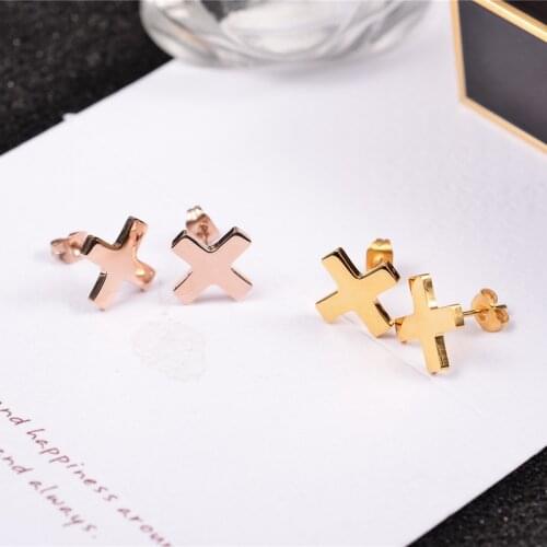 YUN RUO Medical Stainless Steel Jewelry Rose Gold Color Succinct Cross Stud Earrings for Woman Man High Polish Smooth Earring