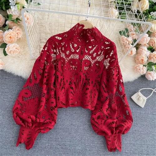 Women Lace Blouses Shirts Fashion Autumn Hollow Crop Tops Puff Sleeve Basic Shirt Female Top Woman Blouse Femme Clothing 2021