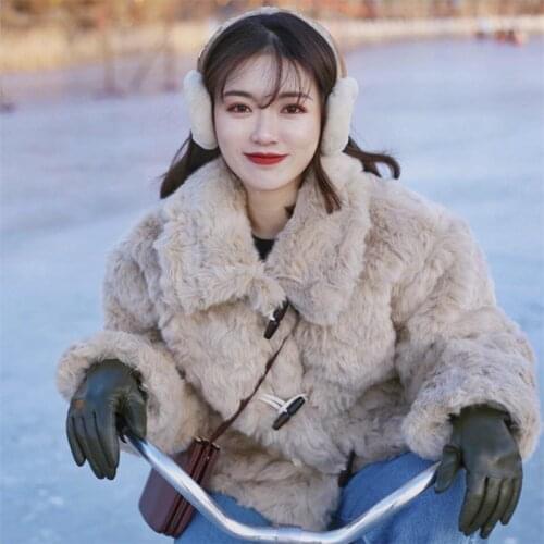 Women 2021 Winter Fashion Korean Warm Lapel Faux Fur Jackets Female Faux Lamb Fur Plush Coats Ladies Short Loose Overcoats R404