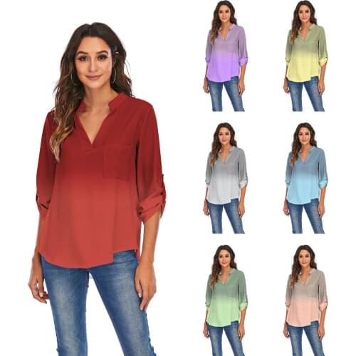 Blouse Women 2020 New Fashion Hot Style v-neck Long Sleeve Pocket Gradient Printing Loose Chiffon Blusas Dropshipping YFF6329