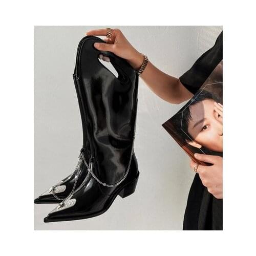 Punk thick mid heel cowboy boots wide metal chain womens boots fashion fat legs fit ladies genuine leather female botines mujer