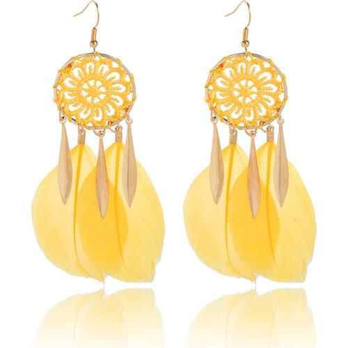 Bohemian Blue Dream Catcher Drop Earrings Fashion Long Colorful Flower Braided Feather Tassel Geometric Earrings for Women Girls