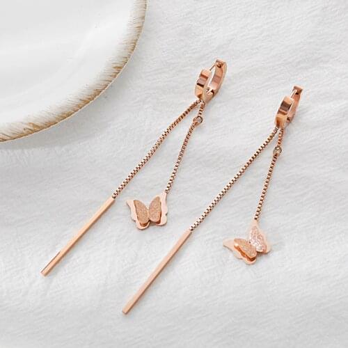 YUN RUO Fashion Butterfly Tassel Earring Clip Rose Gold Woman Gift Titanium Steel Jewelry Not Fade Hypoallergenic Drop Shipping