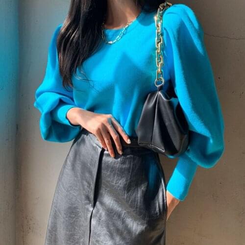 Alien Kitty 2021 New Women Sweaters Knitted Solid Elegant O-Neck Puff Sleeves Retro Fashion Loose Office Lady Casual Tops