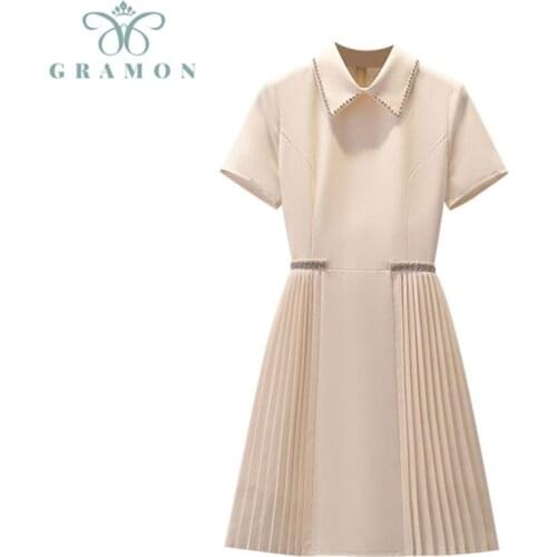 Women Pleated Dresses 2021 Summer Korean Fashion Office Lady Turn Down Collar Diamond Skinny Female Plus Size Holiday Mini Dress