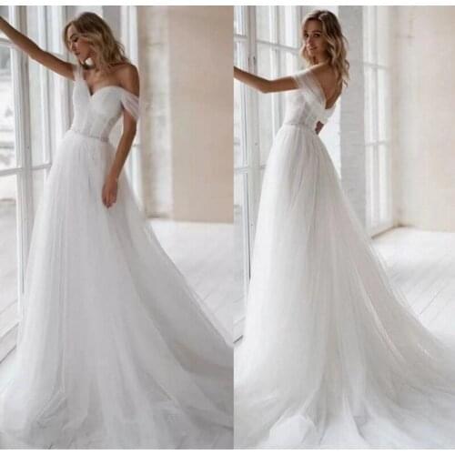 Off-Shoulder Simple Short Sleeve Tulle Sweep Train A-Line Backless Wedding Gown Wedding Dress Bride robe de mariée