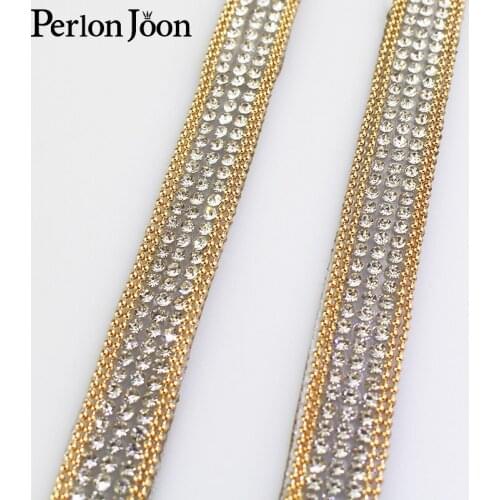 1 yard1.3cm gold chain white rhinestone tape hot fix glass ribbon crystal rhinestone decoration iron shoes clothing accessories