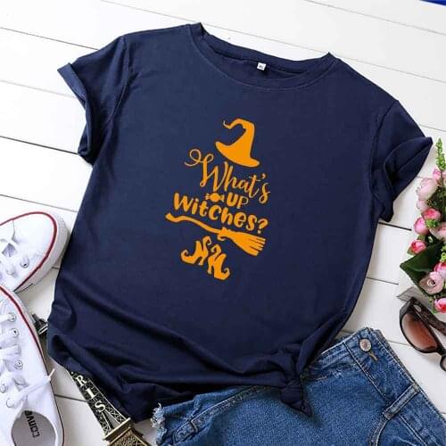 100% Cotton Summer New Womens T-shirt O-Neck Harajuku Halloween Whats Up Witches Top Casual Female T shirt Oversized