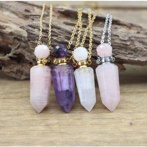 Amethysts Rose Quartzs Hexagonal Point Perfume Bottle Pendant Necklace Natural Crystal Essential Oil Vial Charm Jewelry QC1061
