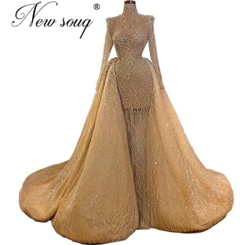 Glitter Champagne Evening Prom Dresses Detachable Skirt 2020 New Custom Moroccan Kaftans Beading Turkish Dubai Women Party Gowns