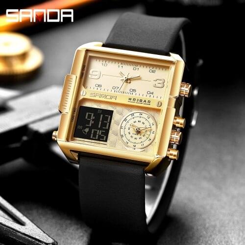 Sanda Digital Wristwatch Rectangular Large Dial Dual Movement Electronic Watch Triple Display Multi-function Men Business Watch