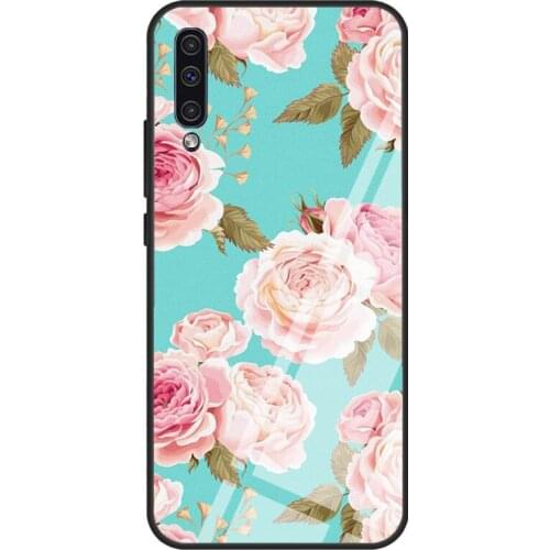 Blue Floral Case For Samsung A72 A71 A51 A31 A40 A50 A70 A20e A21S A12 A32 A52 Tempered Glass Cover