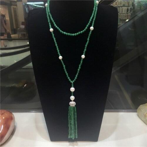 Long natural green jade white freshwater pearl micro inlay zircon clasp tassel necklace fine jewelry Hand knotted
