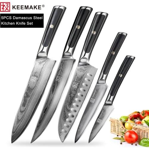KEEMAKE 5PCS Kitchen Knives Set Chef Slicing Utility Santoku Paring Knife Damascus VG10 Steel Sharp Meat Cutting Tool G10 Handle