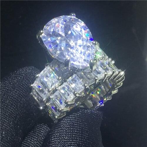 2020 Vintage 925 Sterling Silver ring sets Water Drop 8ct AAAAA cz Stone Engagement Wedding Band Rings for women men Jewelry