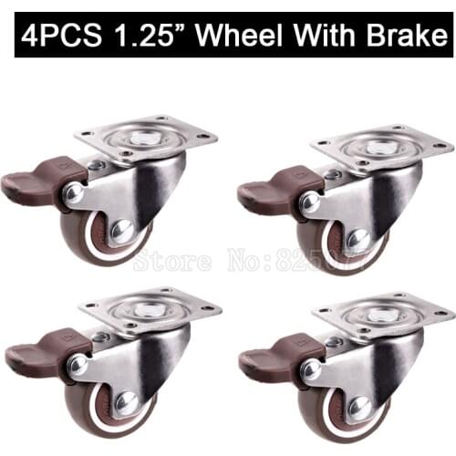 Brand New 4PCS 1.25Inches Metal Top Swivel Wheels Tpe Rubber Super Mute Furniture Casters w Brake Load Bearing 22KG/PCS