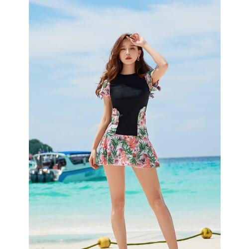 M-5XL Large Size Swimsuit Women Beach Two Piece suits Short Sleeve Swimwear Floral Skirt Bathing Suit Girls Padded Swim dress