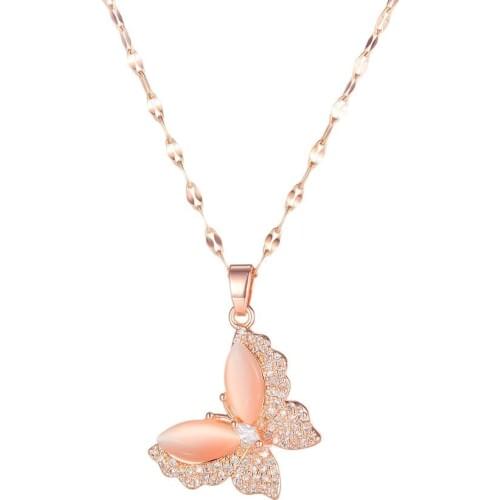 Fashion Cute Butterfly Zircon Pendants Necklaces For Women bbf 2020 Rose Gold Jewelry Stainless Steel Chains Necklaces Wholesale