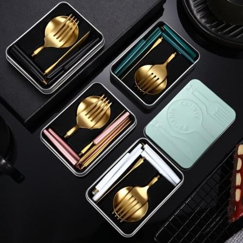 Set of 4 304 Stainless Steel Foldable Cutlery Pack Tableware Dinnerware Fork Spoon Knife Chopsticks Kit Steak Gadgets Kitchen