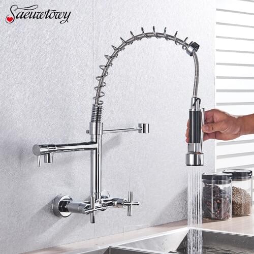 Wall-Mounted Spring Basin Kitchen Faucet Pull-Down Hot And Cold Kitchen Sink Mixer Selection Kitchen Tap Sink Mixer Chrome style
