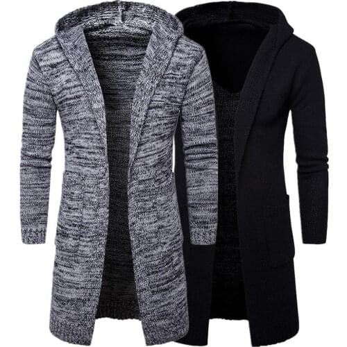 Casual Men Coat Solid Color Spandex Long Sleeve Pockets Thick Knitted Cardigan Hooded Coat Grey L Men Clothing мужская куртка