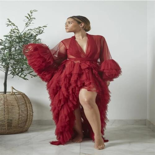 Real Image Women Night Gown Pajama Hi Lo Red Bathrobe Bride Sleepwear Ruffles Soft Tulle Robes Custom Made Pregnant Dress