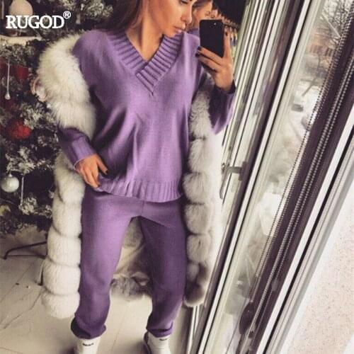 Rugod 2019 Women Suit Sexy V-neck Long Sleeve Pullover+pants Tracksuit 2 Two Piece Sets Women Solid Knitted Top and Pants Suits