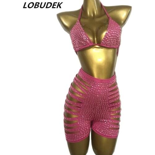 Shining Rhinestones Bra Hole Hollow Shorts Set Women Pink Crystal Bikini High Waist Pants Outfits Birthday Party Singer Costume