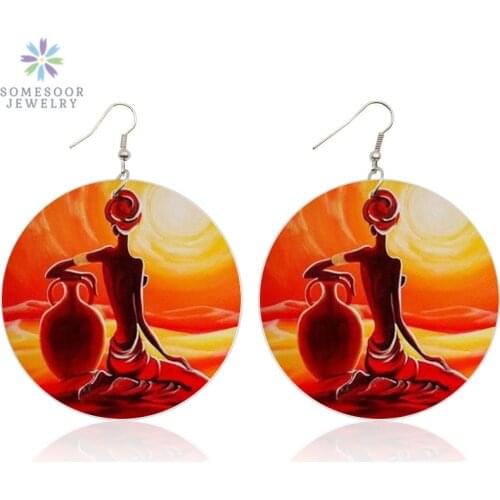 SOMESOOR Both Sides Painting Afro Ethnic Wood Drop Earrings AFRO Headwrap Woman Tribal Art Pendant Jewelry For Black Women Gift